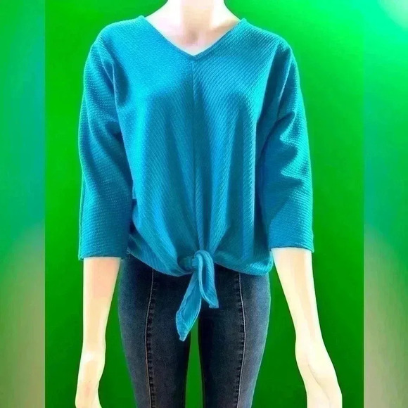 Ruby Rd. women’s petite small turquoise top, 3/4 length sleeve bow in front - Picture 1 of 3